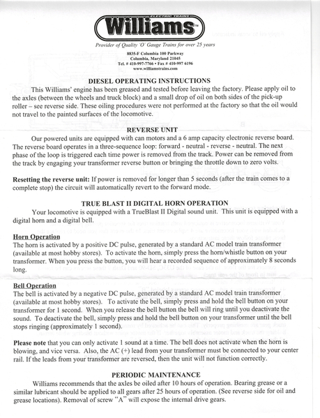 Williams F3 Instructions Page 1